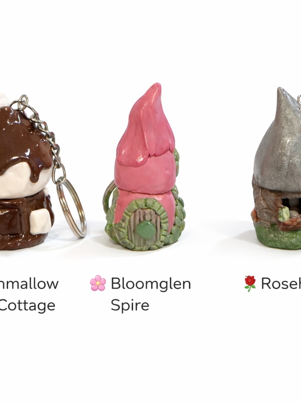 Fairy Cottage Keychain Trio- Marshmallow Melt, Bloomglenn Spire & Rosehill Keep
